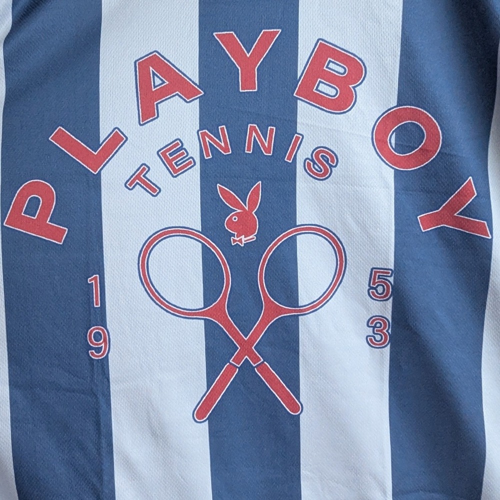Playboy Tennis Jersey Red White Blue‎ Striped Short Sleeve Polo Shirt Mens L NEW
